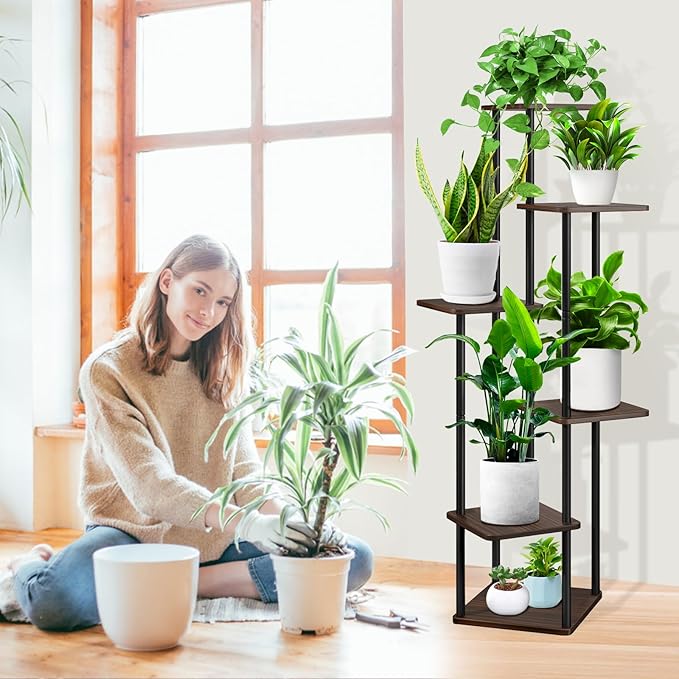 YOCOMEY 6 Tier Wood Tall Plant Stand Metal Rack Indoor, Multiple Flower Pot Holder Shelves Corner Rack, Planter Shelf Display Rack Storage Organizer for Patio Living Room Balcony Garden(Black Oak)
