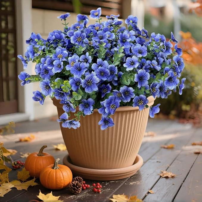 XccJLYB Artificial Flowers Outdoor UV Resistant Fake Plants, 12 Bundles Silk Daisy in Pots for Porch Patio Garden, Faux Potted Home Decor for Outside (Blue)