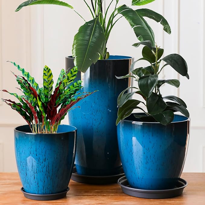SE SUN-E Large Plastic Planters with Tray 11"/12"/21" H Set of 3 for Indoor Outdoor Lightweight Use, Decorative Flower Pots Tall Plant Pot of Garden, Patio, Front Porch Corner Blue Color Round