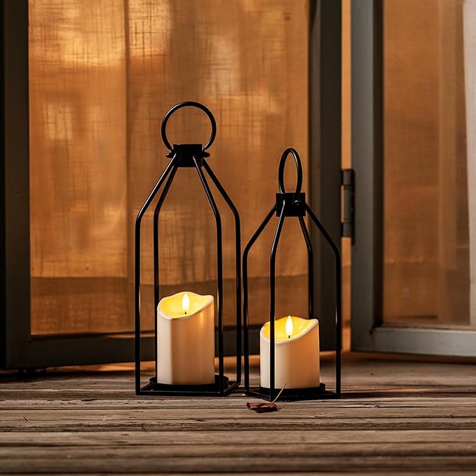 Homemory Modern Farmhouse Lantern Decor with Waterproof Flameless Candle & Remote Timer, 2PCS Black Metal Candle Lantern Decorative for Outdoor Indoor Home Living Room Patio Porch Table
