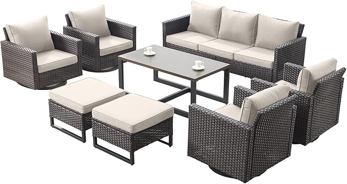 Rilyson Wicker Outdoor Patio Furniture Set - 8 Piece Patio Conversation Set with 4 Swivel Rocker Chairs,2 Rattan Ottoman,1 Couch and 1 Metal Coffee Table for Outside Porch Deck Backyard(Brown/Beige)