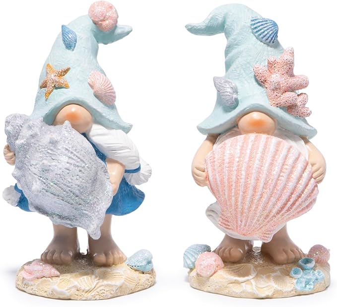 Hodao Ocean Elf Figurines with Seashell & Conch – Coastal Nautical Beach Elf Decor for Coastal Living Room, Ocean Themed Home Tabletop Decoration, Gift for Retirees & Ocean Enthusiasts (Blue-Grey)