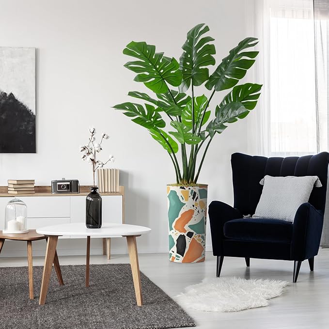 Artificial Tree in Modern Geometric Pattern Planter, Fake Monstera Silk Tree for Indoor and Outdoor Home Decoration - 65" Overall Tall (Plant Pot Plus Tree)
