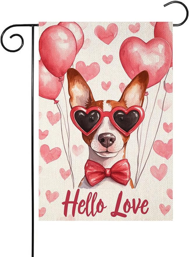 Valentine's Day Basenji Hello Love Garden Flag, House Yard Plaid Love Heart Outside Decoration, Spring Holiday Wedding Anniversary Outdoor Small Decor 12x18(12615)