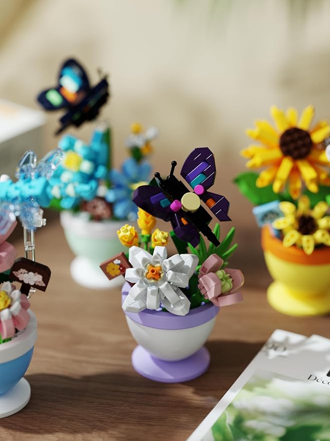 Sacblirr Mini Flower Bonsai with Cute Insects Blue Rosa Butterfly - DIY Potted Plant Building Blocks for Kids and Adults, Botanical Collection Decor Toy
