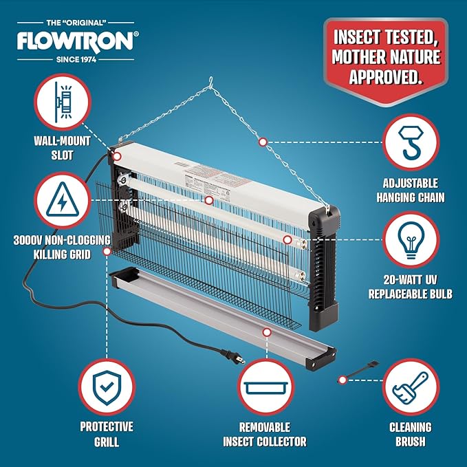 Flowtron Indoor Bug Zapper: 3000V Electric Insect Killer & Mosquito Trap - 1500 Sq Ft Coverage - 40W Dual UV Light Fly Zapper for Kitchen, Bedroom, RV & Restaurant - Safe Gnat & Moth Killer
