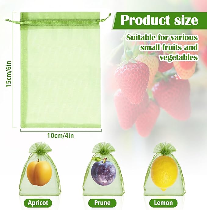50 PCS 4X6 inches Fruit Protection Bags, Fruit Bags for Fruit Trees, Green Netting Fruit Cover Bags Drawstring Mesh Fruit Protectors Pest Barrier for Fruit Trees Veggies Garden