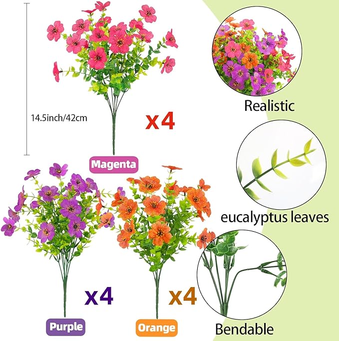 ATTGREAT Artificial Spring Flowers for Outdoors Faux Plants UV Resistant Realistic Fake Flowers Outside for Garden Planter Porch Home Decor, 12 Bundles (Multicolor)
