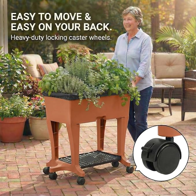 EarthBox Raised Garden Bed with Legs – Elevated Self Watering Planter Box with Wheels, Storage Shelf, Premium Plant Food, Easy Assembly, Made in USA, Terra