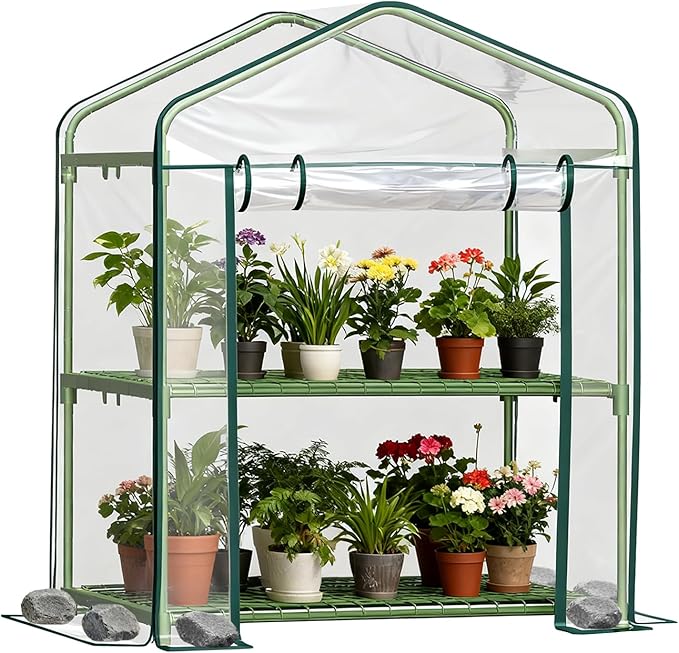 Mini Greenhouse for Outdoor Indoor, 2 Tier Shelves Small Green House for Winter, Portable Greenhouses with PE-Coated Metal Frame Heavy Duty PVC Cover, Plant Rack Stand House 2.3x1.6x3ft