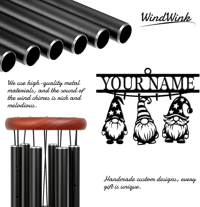Personalized Customize Name Gnome Wind Chime, Metal Iron 37 Inch Outdoor Memorial Gift for Garden Yard Patio Home Decor, Black，Christmas (Style F)
