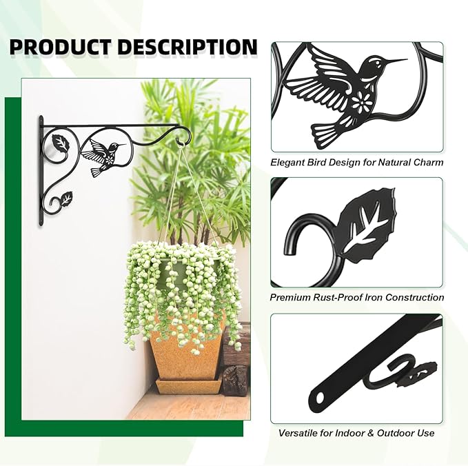 Aftermat 2 Packs Plant Hooks for Hanging, 12 Inch Indoor/Outdoor Metal Wall Black Hangers, Sturdy Plant Bracket for Planters, Wind Chimes, Lanterns, Bird Feeders, Garden, Home, Patio Decor