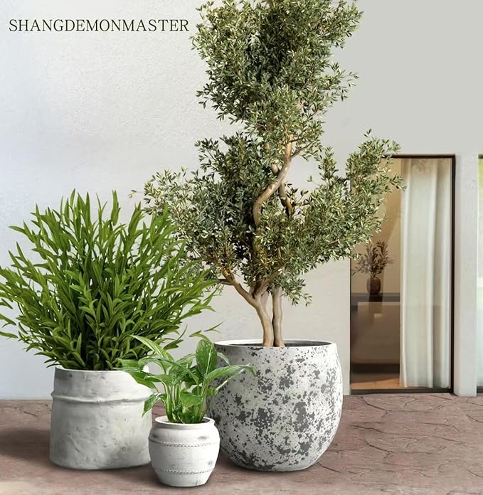 ShangDemonMaster Craft flowerpots 18"+13"+9" Dia Round Concrete Planter Set of 3 Large Outdoor/Indoor Planter Pots Containers with Drainage Holes and Rubber Plug for Home Garden (White, Large)