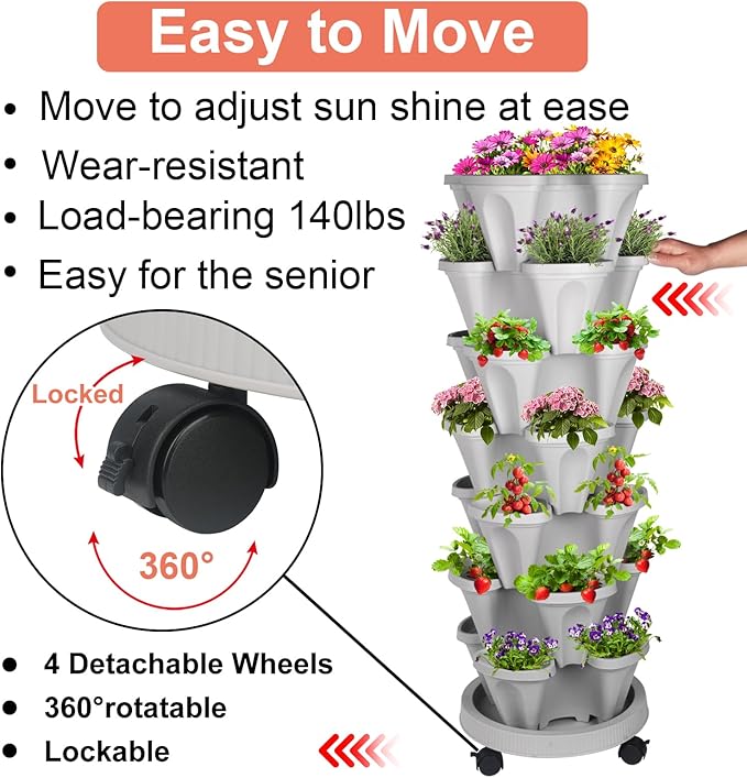 GameXcel Vertical Planter 7 Tier Stackable Planters Garden Planters Strawberry Herb Flower and Vegetable Planter Indoor Outdoor Gardening Pots with Removable Wheels and Tools