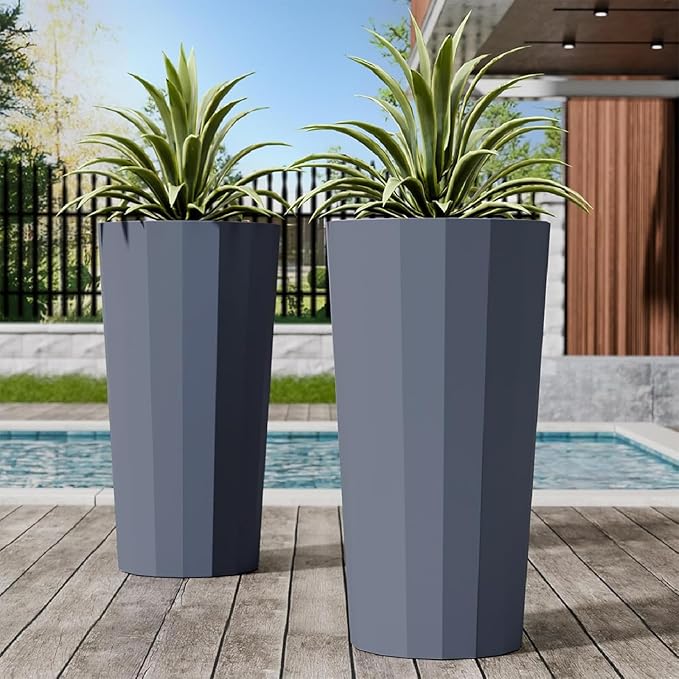 Diyfire 2PCS Tall Planters for Outdoor Plants, 23.6 Inches Large Outdoor Conical Flower Pots for Porch with Drainage Holes and Drainage Baffle, Tapered Large Planters for Garden, Balcony Use, Grey