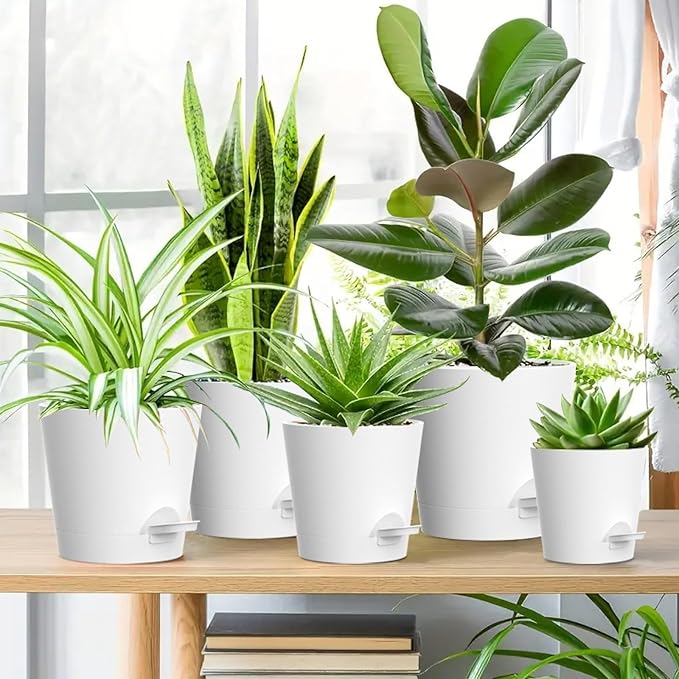 WSMKSZ 7/6.5/6/5.5/5/4 inch Self Watering Pots for Indoor Outdoor Plants, 6 Pack Plastic Flower Planters with Drainage Holes and Removable Saucers, Plant Pots with Wicking Rope, Modern Decor, White