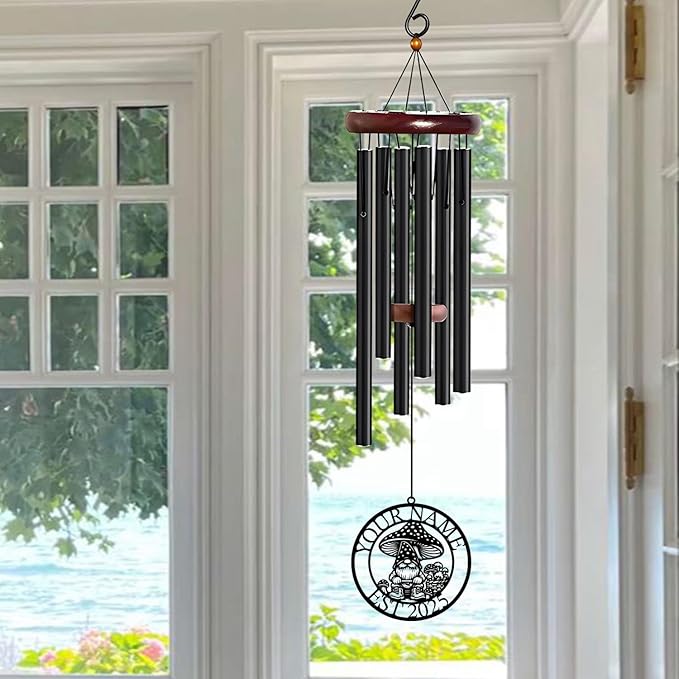 Personalized Customize Name Gnome Wind Chime, Metal Iron 37 Inch Outdoor Memorial Gift for Garden Yard Patio Home Decor, Black，Christmas (Style E)
