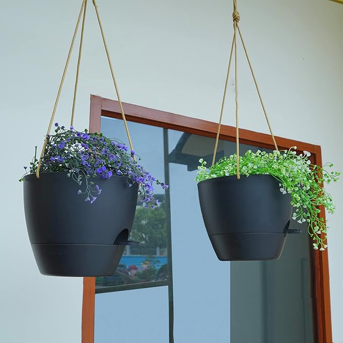 SwinDuck 10 Inch Self Watering Hanging Pots, 2 Pack Hanging Planters with 40oZ Deep Reservior for Indoor Outdoor Plants Flowers, Black