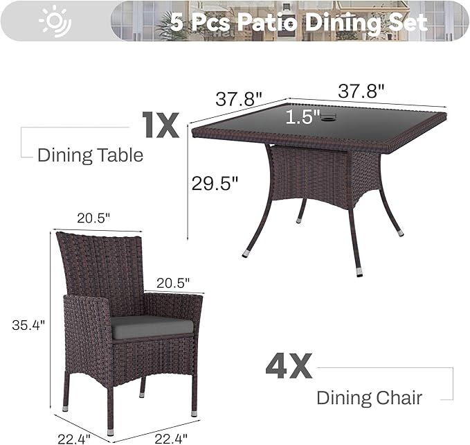 5 Piece Outdoor Dining Set,Rattan Patio Conversation Set of 4 Chairs,Patio Dining Table and Chairs w/Cushions,Square Glass Tabletop,Umbrella Cutout for Patio,Grey