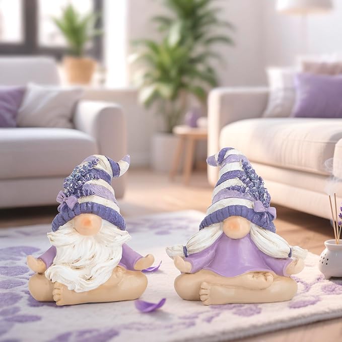 Hodao 2PCS Zen Lavender Meditation Gnomes Figurines Set- Yoga Themed Inspired Home Table & Shelf Decor for Relaxation & Serene Living Spaces Yoga Lavender Decor Retirement Gifts for Women (Purple)