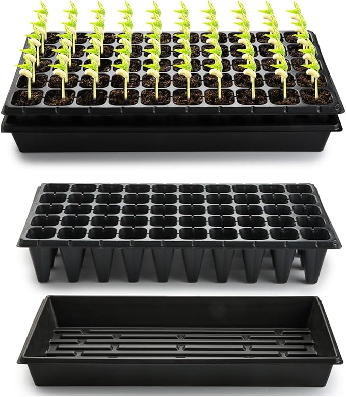10 Pack 1020 Trays and 10 Pack 3.5" Deep 50 Cell Seed Starter Trays, 20" x 10" - Durable Plastic Nursery Flats for Microgreens, Seedling,Seed Germination & Plant Propagation (10 Set)