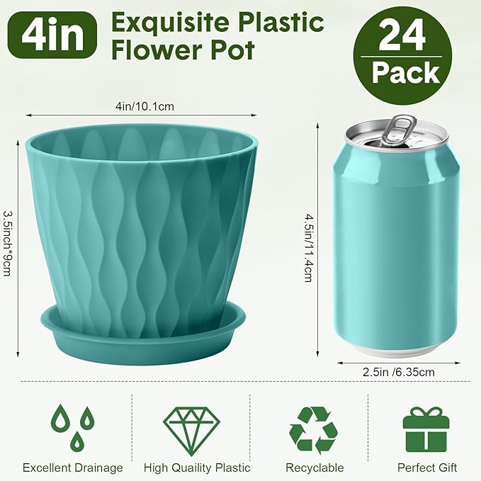 Acellegic 24 Pack 4 Inch Small Pots for Succulents, Waffle Texture Pots with Tray, Plastic Planter with Drainage Holes and Saucers, for Indoor Outdoor Plants Flowers, Seedlings (Multiple Colors)