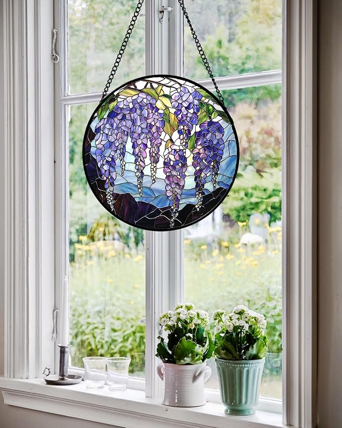 AMDERVEN Stained Glass Window Hanging, Wisteria Flower Sun Catcher for Door Home Decor Purple and Blue Suncatcher Christmas Mother's Day Birthday Gifts for Women Men Mom and Nana 7.8 in