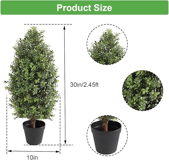 30" Tall Artificial Boxwood Topiary, 2 Pcs Outdoor Ready Artificial Boxwood Topiaries Trees, Natural Looking Fake Potted Shrubs