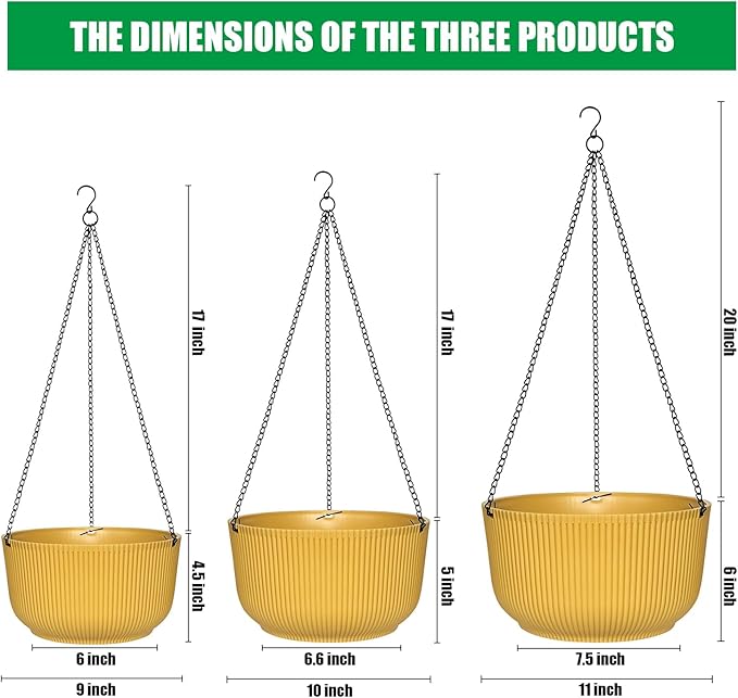 RooTrimmer Hanging Planters 9/10/11 Inch for Indoor Plants, 3 Pack Plant Hanger Outdoor with Drainage Holes, Self Watering Hanging Basket Flower Pot for Garden Home Decor, Yellow