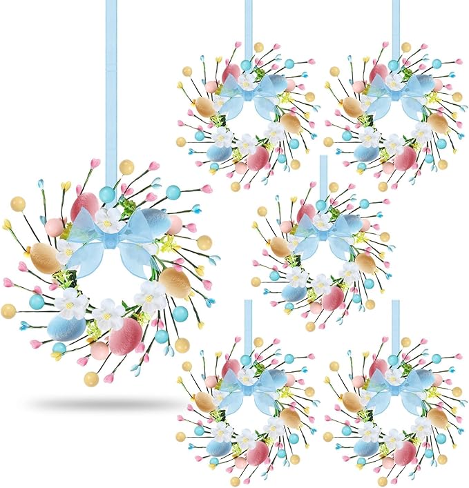6 PCS Small Easter Wreaths for Kitchen Cabinet Mini Artificial Easter Colorful Egg Wreath for Front Door Spring Summer Hanging Wreath with Ribbon Flower Berry for Porch Window Wall Farmhouse Decor