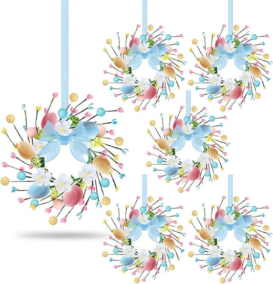 6 PCS Small Easter Wreaths for Kitchen Cabinet Mini Artificial Easter Colorful Egg Wreath for Front Door Spring Summer Hanging Wreath with Ribbon Flower Berry for Porch Window Wall Farmhouse Decor