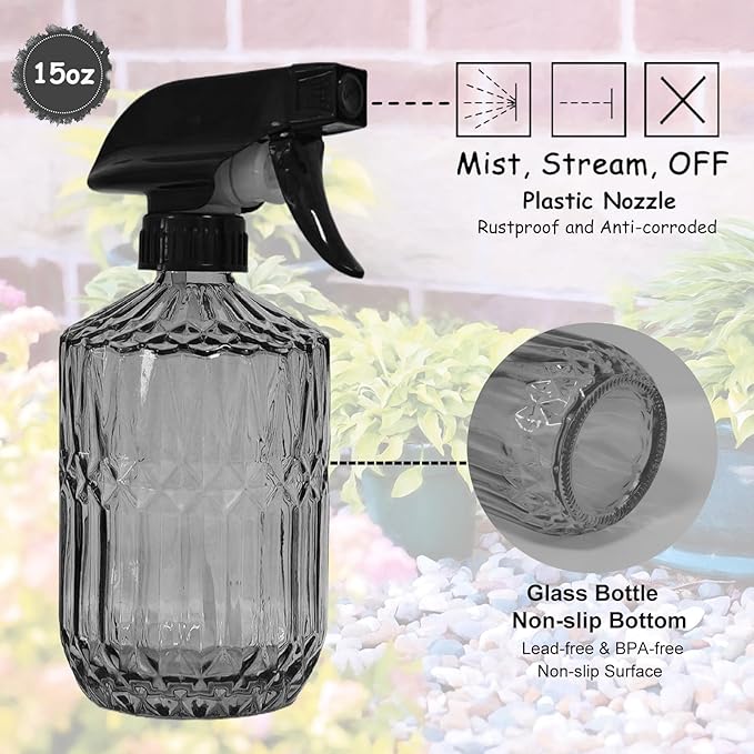 Glass Plant Mister Bottle, 15oz Refillable Water Spray Bottle with Adjustable Mist Nozzle for Indoor Flowers, Outdoor Gardening, Cleaning, Hair and Pets Care (Gray)