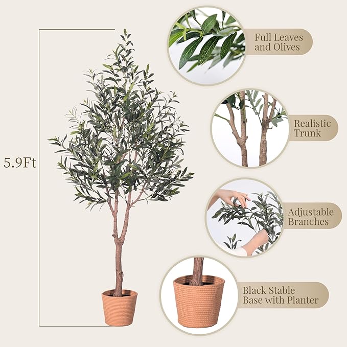 HAIHONG Olive Tree Artificial Plant 6FT,Artificial Olive Tree Mediterranean Silk Screened Broad-leaved Olive Tree with Realistic Fruit, Lifelike Plant Nordic Style Home Aesthetic Hotel Decor