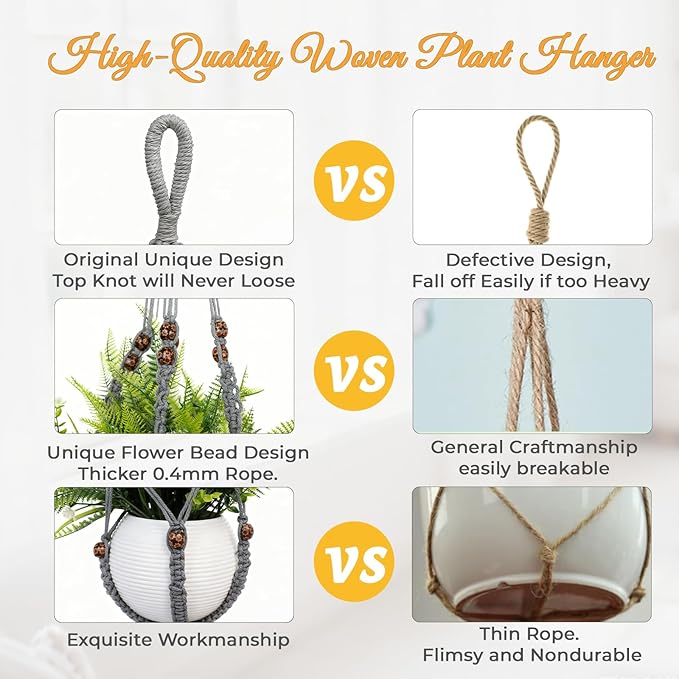 HOREAKHJ 35 Inch Macrame Plant Hanger, Large for up to 15 Inch Pot Extra Long Hanging Planter Holder Basket with Wood Beads for Indoor Outdoor Home Decor (Grey, 2-Pack)