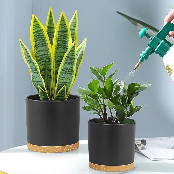 Meowell 8/7/6 inch Flower Pots, 3 Pack Cylinder Plant Pots for Outdoor Indoor Plants, Decorative Plastic Planters with Drainage Holes and Saucers for Garden House Plants, Black with Brown