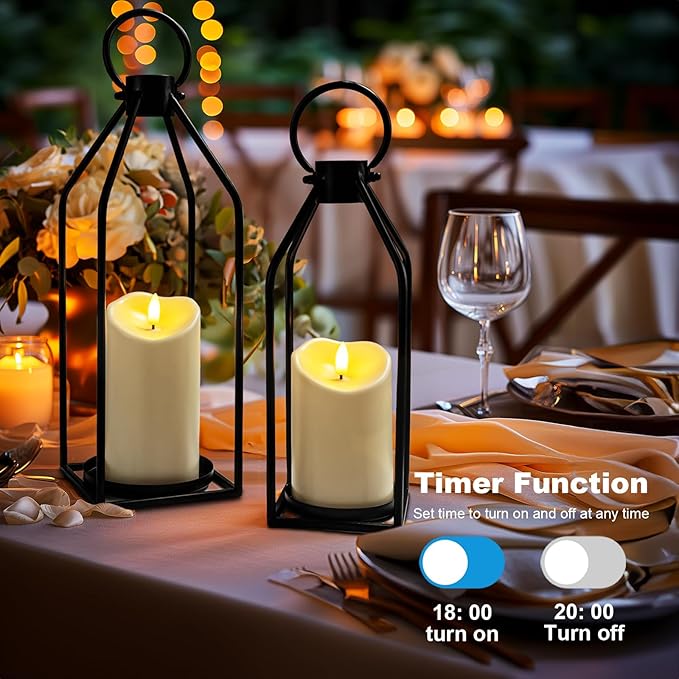 Homemory Modern Farmhouse Lantern Decor with Waterproof Flameless Candle & Remote Timer, 2PCS Black Metal Candle Lantern Decorative for Outdoor Indoor Home Living Room Patio Porch Table