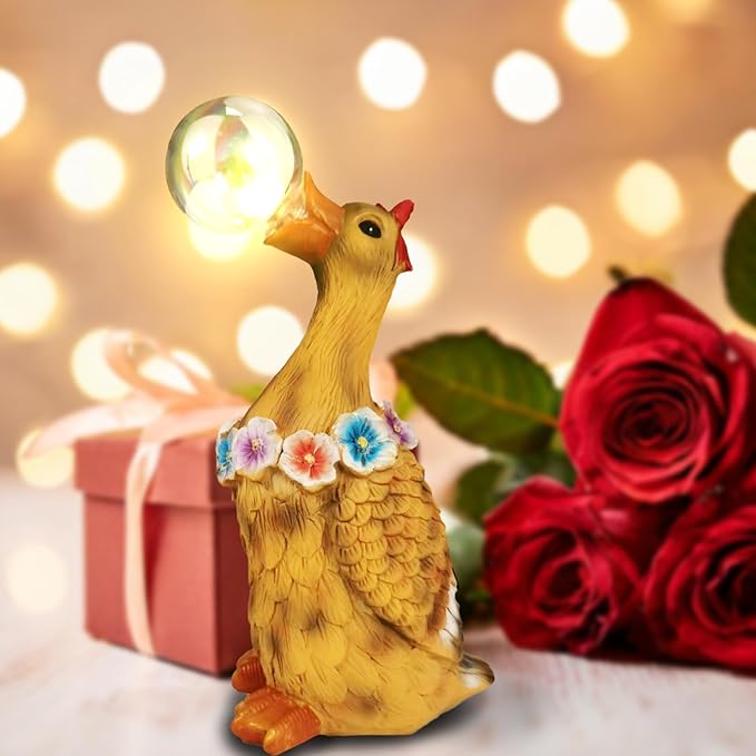 Porch Goose Statue with Solar Bubble Light Garden Yellow Figurine Decor for Yard Lawn Patio Outdoor Decorations Housewarming Gifts for Mom Grandma Women