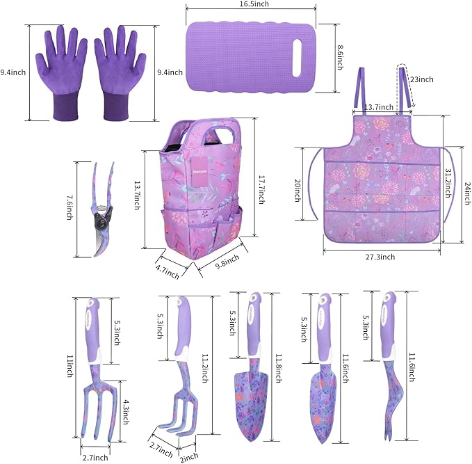 iHansee Purple Garden Tool Sets 10-Piece, Aluminum Alloy Steel Hand Tools w/Non-Slip Ergonomic Handle, Floral Print Garden Supplies Organizer Handbag, Cute Gardening Tools Gift for Women Grandmother