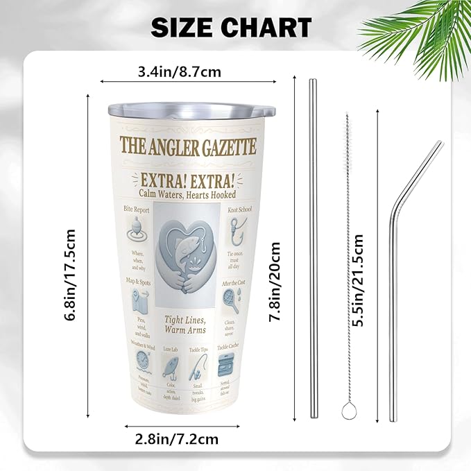 Fishing Gifts Fisherman Tumbler 20oz, Stainless Steel Vacuum Insulated Skinny Travel Mug – Vintage Newspaper Angler Art, Embossed Fish & Hook Icons, Cup Holder Friendly, Fishing Gift for Men, Dad