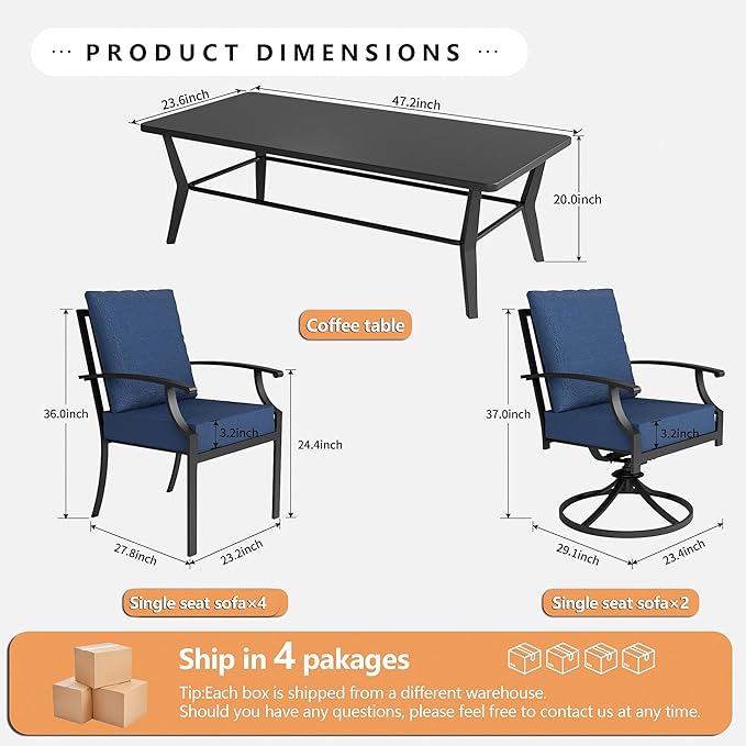 7-Piece Patio Conversation Set, Patio Furniture Set with 4 Stationary & 2 Swivel Chairs with Thick Cushions & a Rectangular All-Iron Coffee Table, Metal Patio Seating Set for lawns, Patio,Navy blue