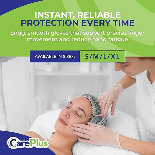 CARE PLUS Pro Vinyl Clear Gloves - Large Size, 100 Count | Latex-Free, Powder-Free, Heavy Duty, Non-Sterile, | Food Prep, Kitchen & Cleaning Gloves, Hair Coloring | Ideal for Professional Use