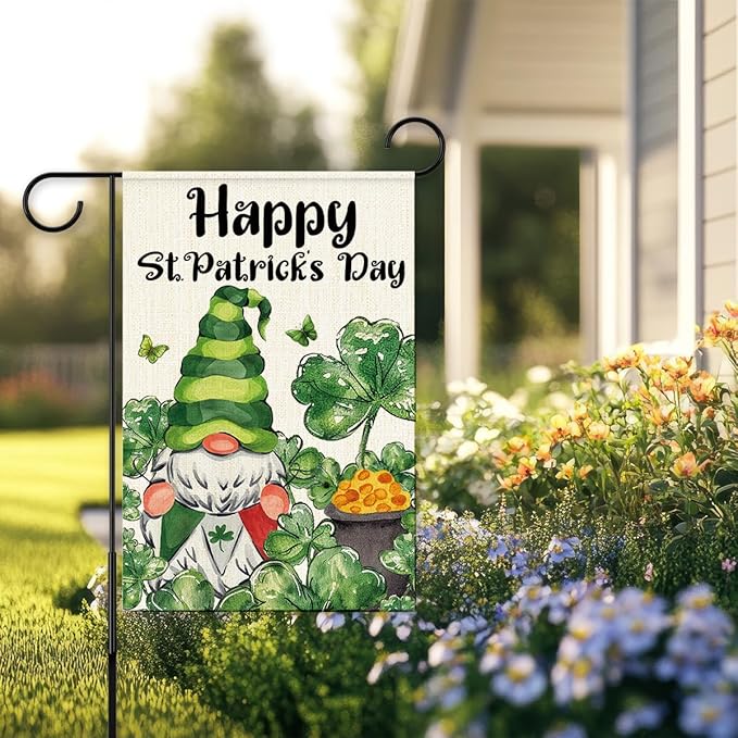 Happy St Patricks Day Garden Flag 12x18 Inch Double Sided,Gnome Shamrocks Outdoor Irish Decor House Porch Flag for St Patrick's Day Party and Yard Decorations