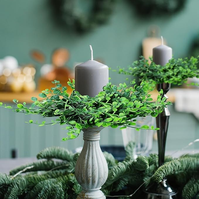 12 Pcs Mini Green Boxwood Candle Rings Wreaths Spring Summer Kitchen Cabinet Swags Wreath 3 Inch Wedding Rings Wreaths Pillar Candle Holder for Wedding Home Door Tabletop Decor (12, Green Boxwood)