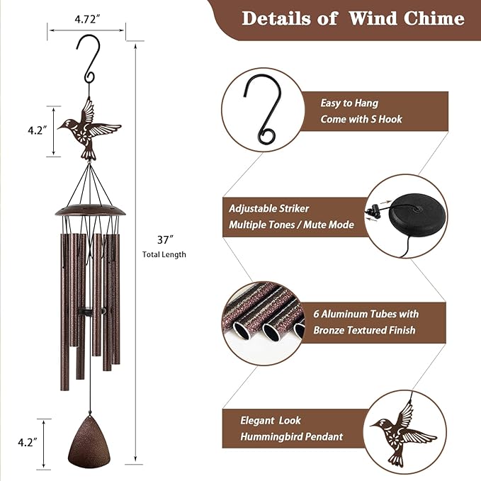 Doopeer Wind Chimes, 37" Hummingbird Wind Chimes for Outside Garden Patio Yard Decor, Hummingbird Gifts for Mom Women Grandma Wife, Deep Tone Windchimes for Christmas, Mother's Day, Birthday
