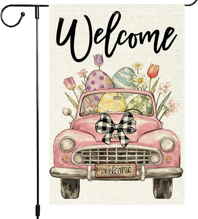 Welcome Easter Garden Flag 12x18 Inch Double Sided Burlap Pink Vintage Car Easter Eggs Flowers Buffalo Check Bow Outdoor Decor for Yard Patio Spring Decor