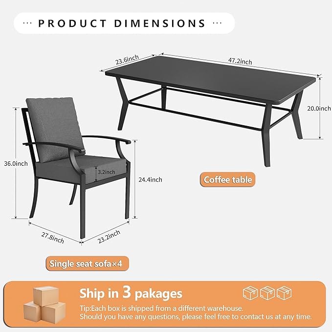 5-Piece Patio Furniture Set, Outdoor Table and Chairs with Rectangular All-Iron Coffee Table and 4 Chairs with Thick Cushions, Patio Conversation Set for Backyard, Balcony and lawns,Grey