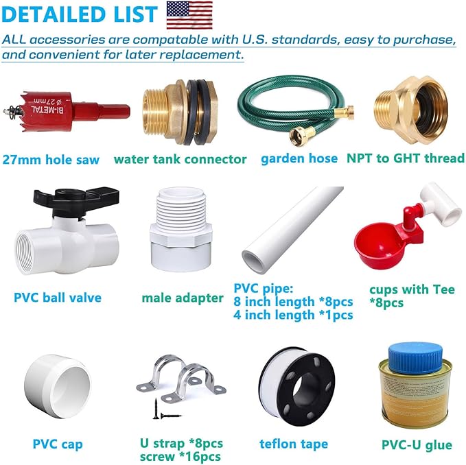 Automatic Chicken Watering System with PVC Pipe (Real Complete Set Pipeline) - 1/2" PVC Tee Fittings & Pipe & Garden Hose Connect to Water Tank, Automatic Poultry Waterer Feeder Kit