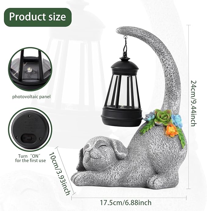 Ploxoiven Garden Cute Dog Gnome Statue Decorations - Solar Resin Dog with Solar Garden Lights Outdoor Decorations for Patio,Yard,Lawn,