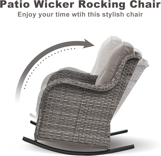 Rilyson Patio Chairs Outdoor Rocking Chair - 2 Piece Wicker Rattan Rocker Chairs Set with High Back and Deep Seating for Porch Deck Garden Backyard(Mixed Grey/Grey)