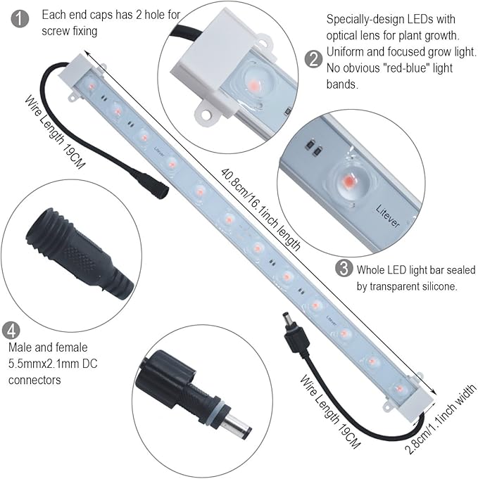 Litever Grow Light Strip Kit 36W with Timer, 4 pcs 16 Inches LED Grow Light Strips with Extension Cables, Mounting Accessories for Greenhouse, Grow Shelf. Perfect for Indoor Growing-(4-Strip-Kit)